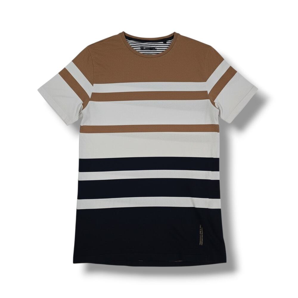 Denim & Flower Ricky Singh Men’s Brown White Black Striped Tee Shirt Size Large